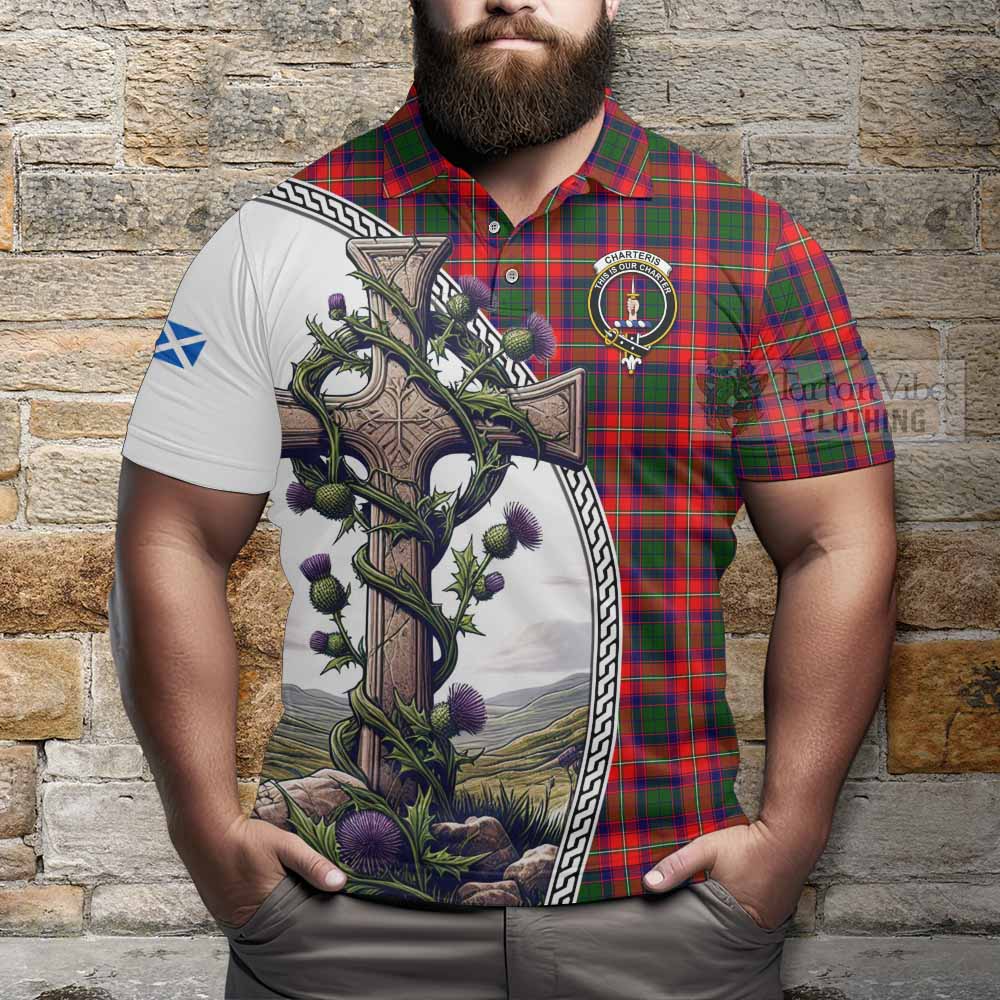 Tartan Vibes Clothing Charteris Tartan Polo Shirt with Family Crest and St. Andrew's Cross Accented by Thistle Vines