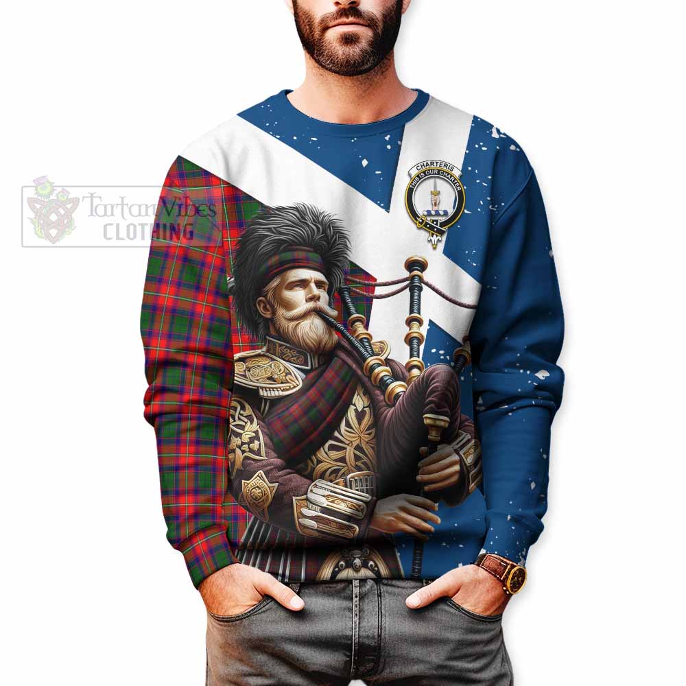 Tartan Vibes Clothing Charteris Tartan Sweatshirt with Family Crest Scottish Bagpiper Vibes