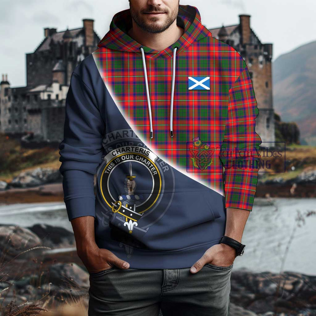 Charteris Tartan Hoodie with Personalised National Flag and Family Crest Half Style - Tartanvibesclothing Shop