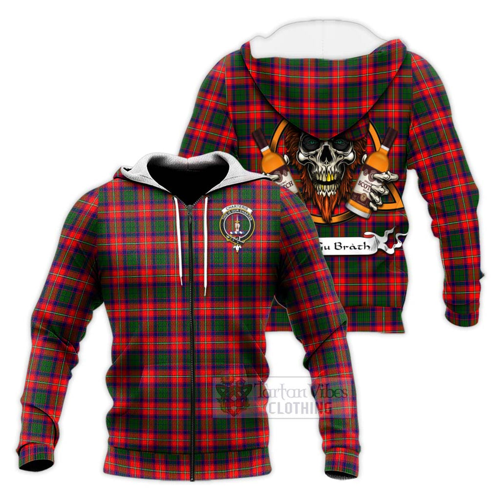 Tartan Vibes Clothing Charteris Tartan Knitted Hoodie with Family Crest and Bearded Skull Holding Bottles of Whiskey