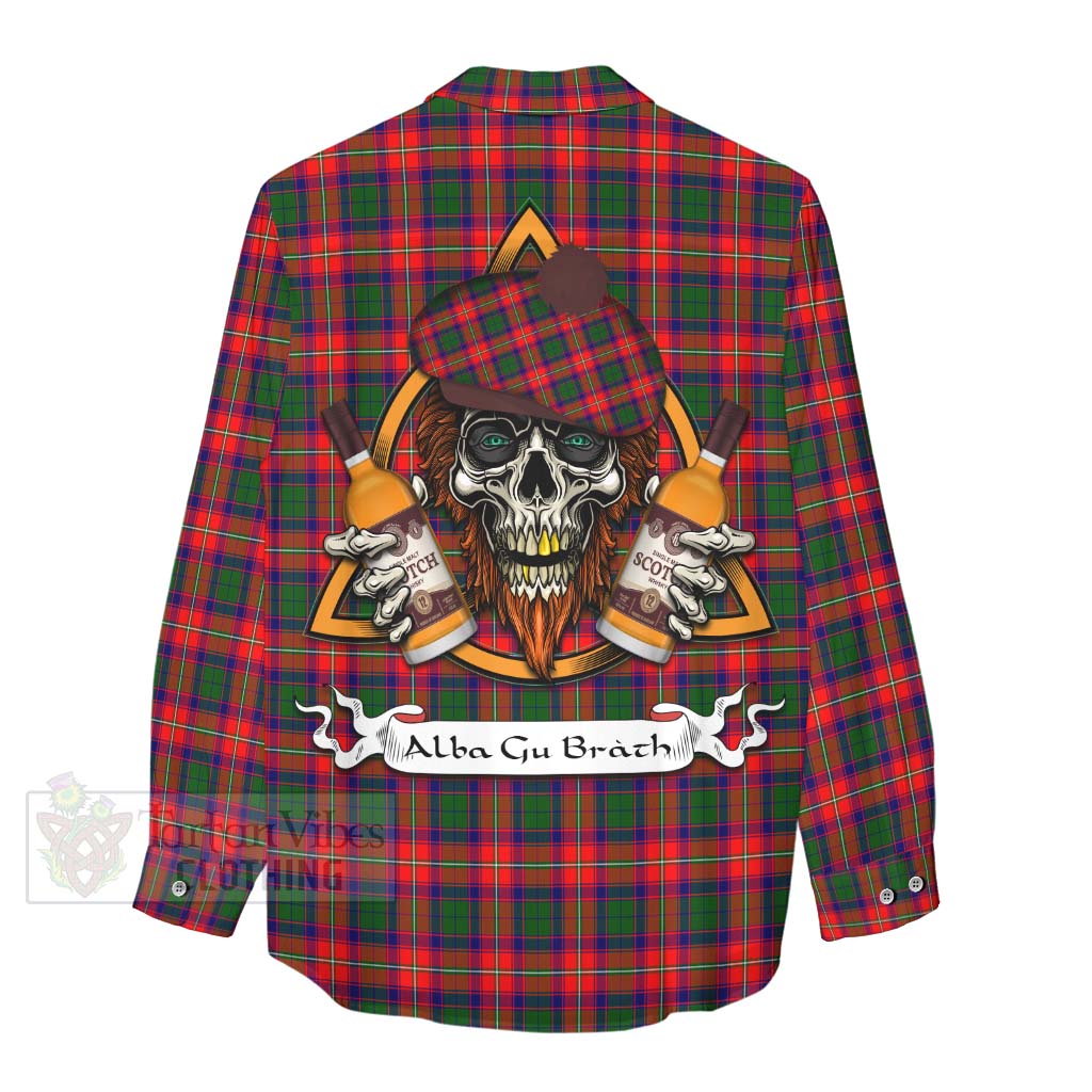 Tartan Vibes Clothing Charteris Tartan Women's Casual Shirt with Family Crest and Bearded Skull Holding Bottles of Whiskey