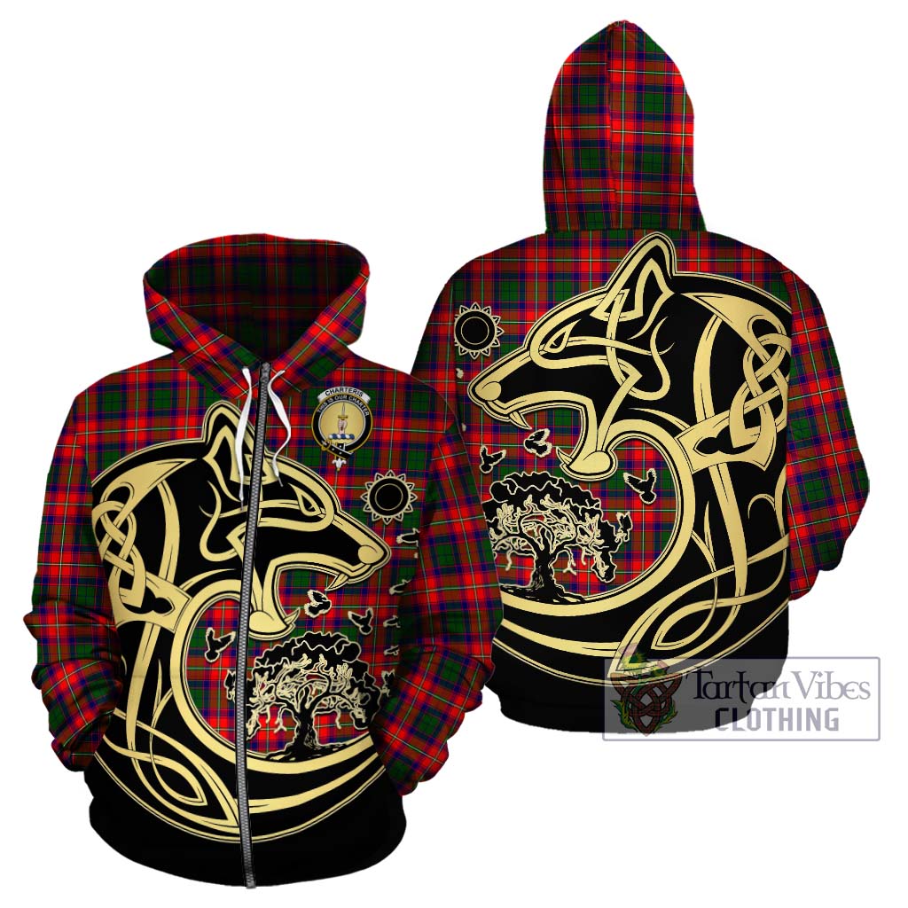 Tartan Vibes Clothing Charteris Tartan Hoodie with Family Crest Celtic Wolf Style