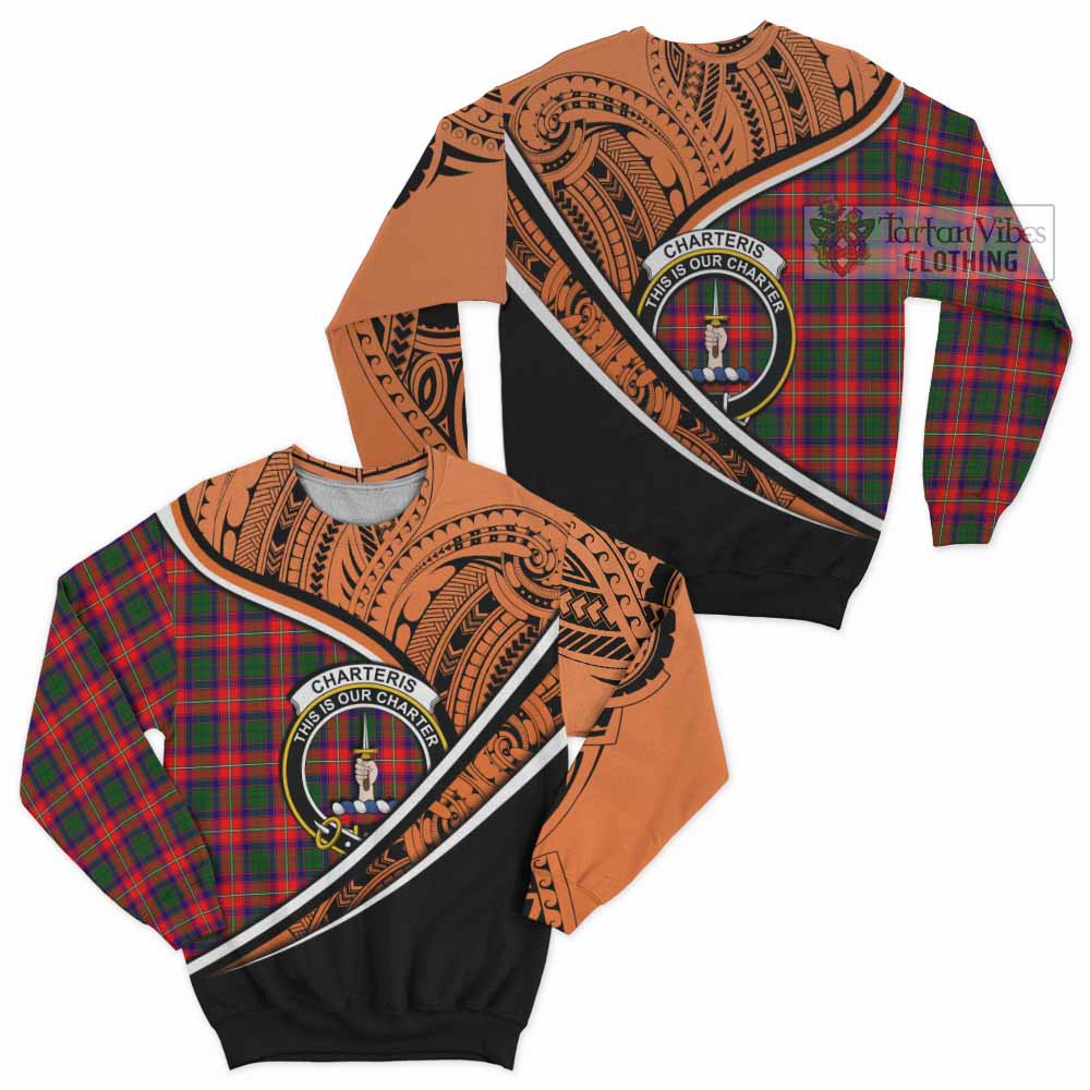 Tartan Vibes Clothing Charteris Crest Tartan Sweatshirt with Maori Tattoo Style - Orange Version