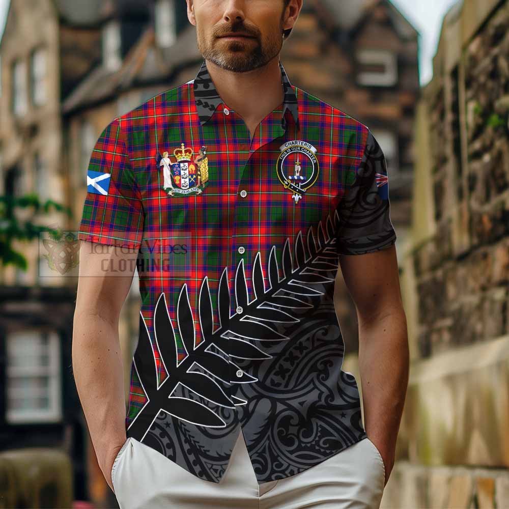 Tartan Vibes Clothing Charteris Crest Tartan Short Sleeve Button Shirt with New Zealand Silver Fern Half Style