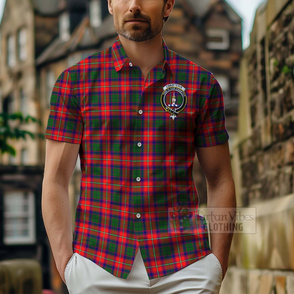 Tartan Vibes Clothing Charteris Tartan Short Sleeve Button Shirt with Family Crest Celtic Skull Style