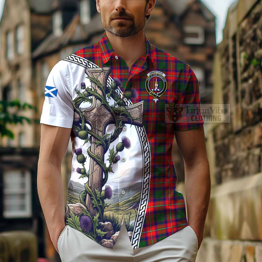 Tartan Vibes Clothing Charteris Tartan Short Sleeve Button Shirt with Family Crest and St. Andrew's Cross Accented by Thistle Vines