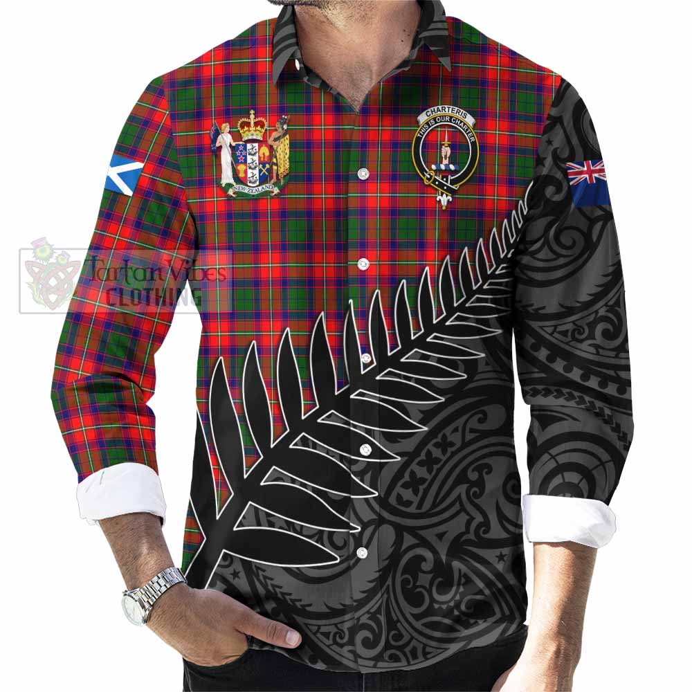 Tartan Vibes Clothing Charteris Crest Tartan Long Sleeve Button Shirt with New Zealand Silver Fern Half Style