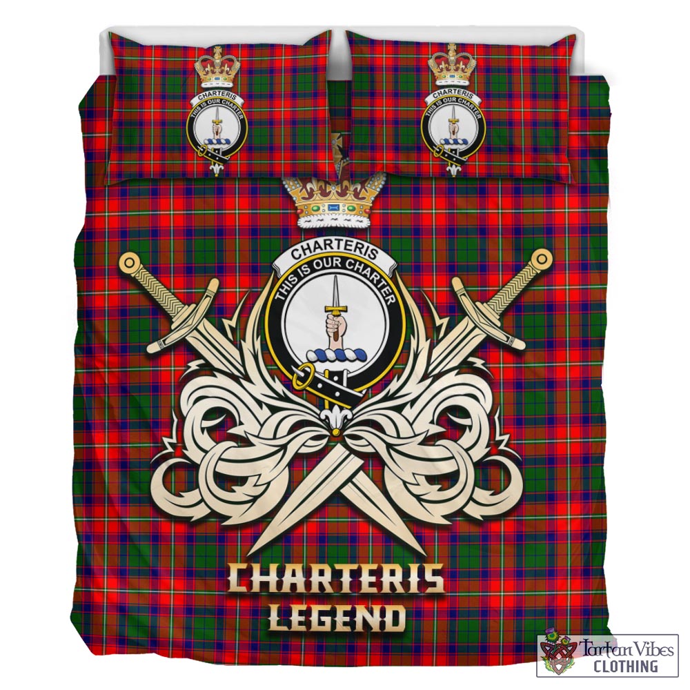 Tartan Vibes Clothing Charteris Tartan Bedding Set with Clan Crest and the Golden Sword of Courageous Legacy
