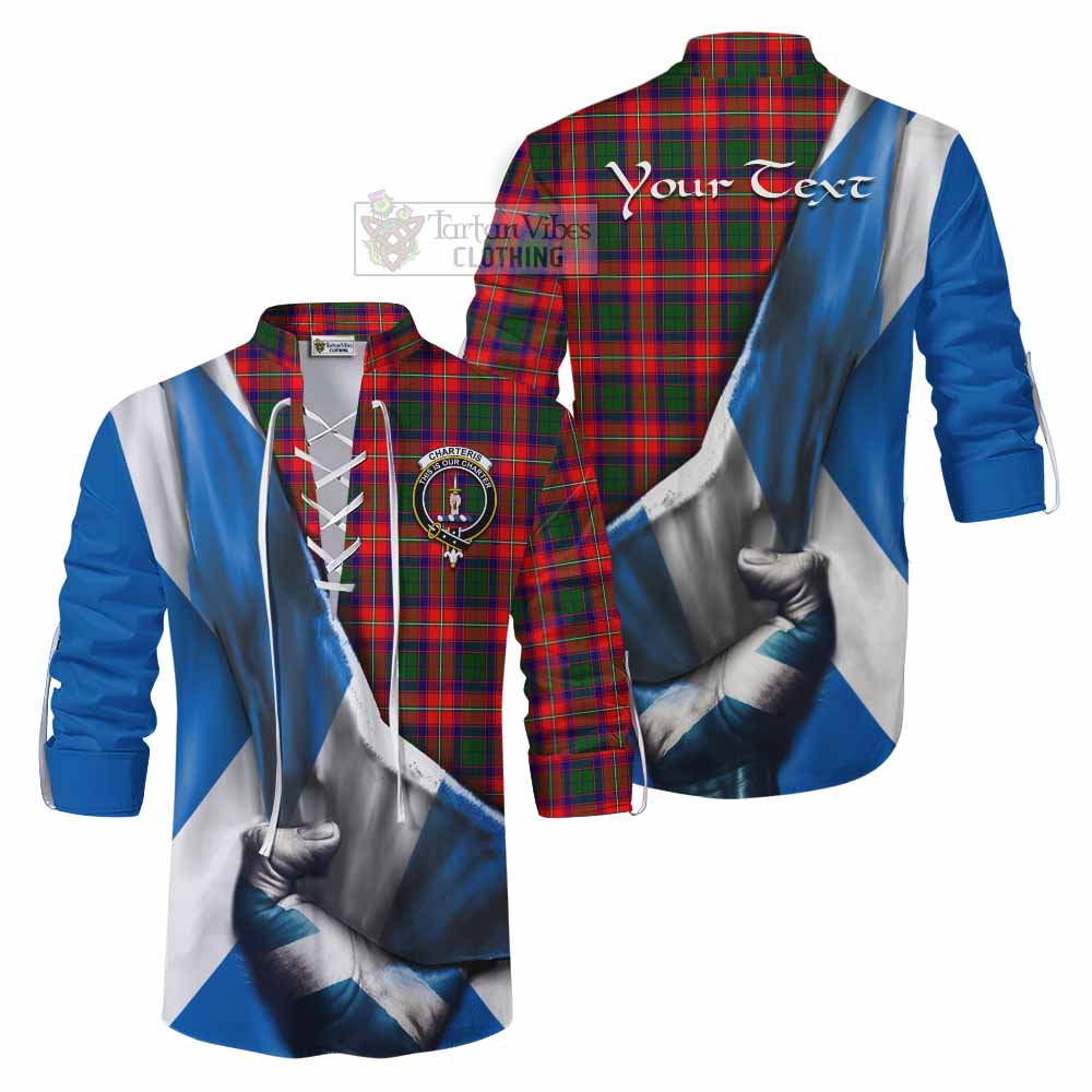 Tartan Vibes Clothing Charteris Tartan Ghillie Kilt Shirt with Family Crest Scotland Patriotic Style