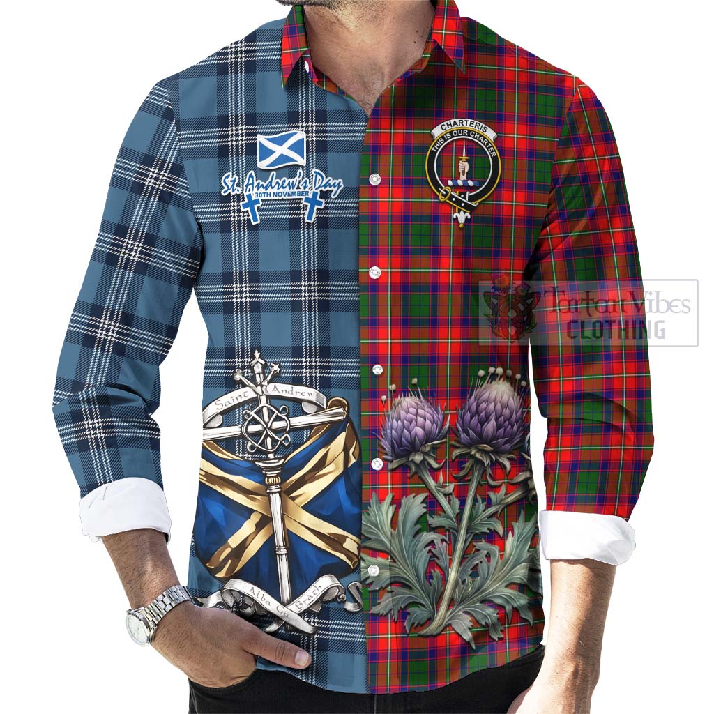 Tartan Vibes Clothing Charteris Tartan Long Sleeve Button Shirt Happy St. Andrew's Day Half Tartan Style