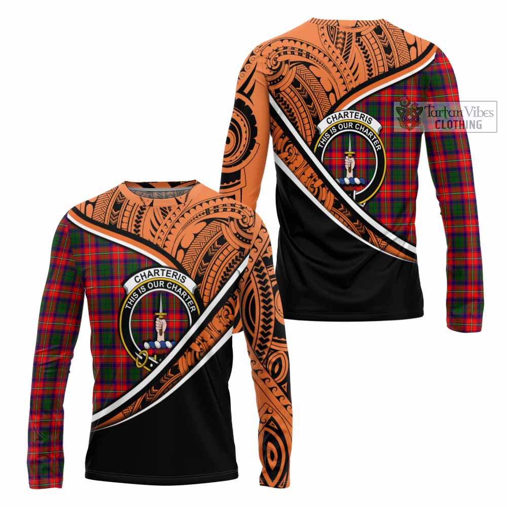 Tartan Vibes Clothing Charteris Crest Tartan Long Sleeve T-Shirt with Maori Tattoo Style - Orange Version