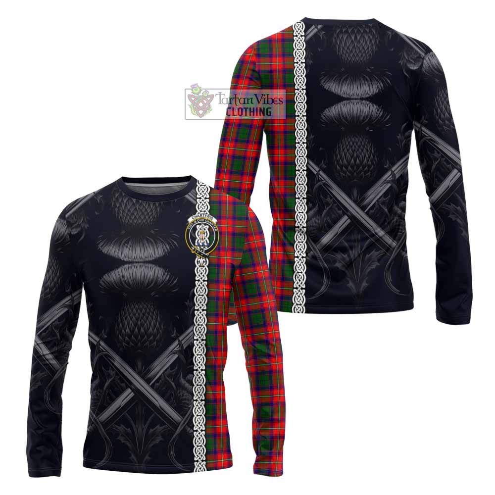 Tartan Vibes Clothing Charteris Tartan Long Sleeve T-Shirt with Family Crest Cross Sword Thistle Celtic Vibes