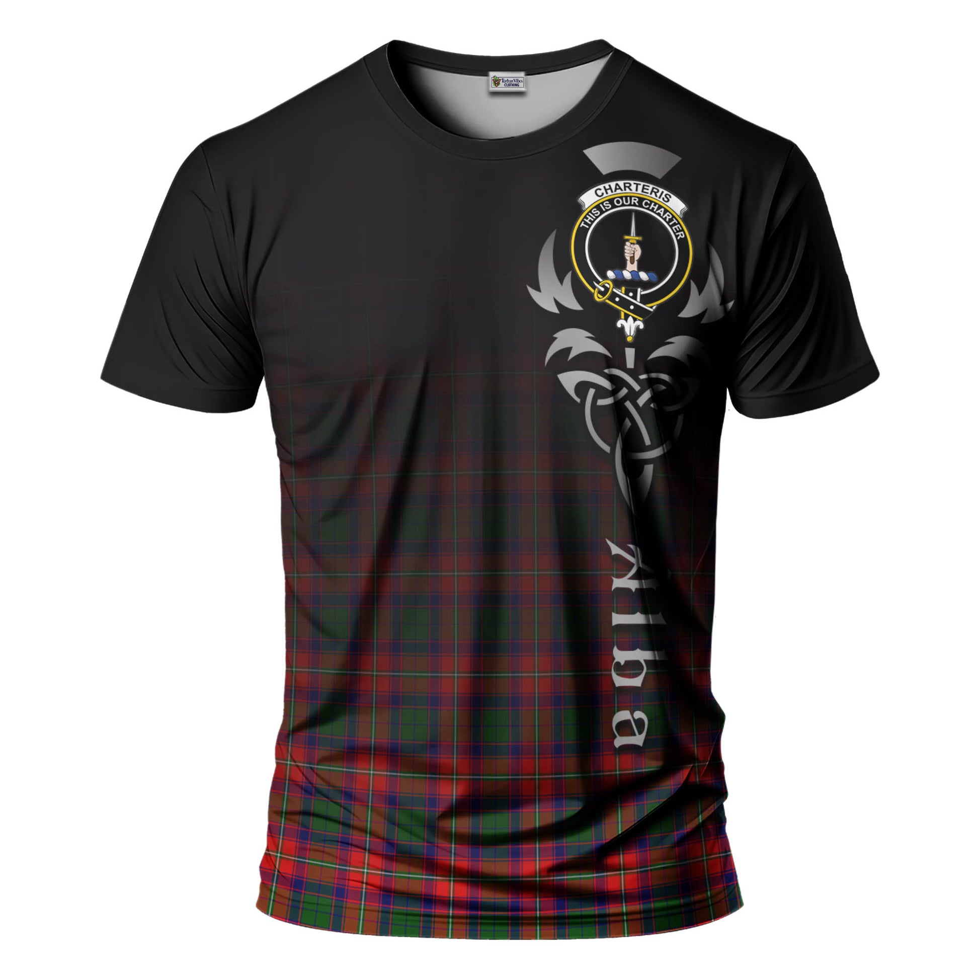 Tartan Vibes Clothing Charteris Tartan T-Shirt Featuring Alba Gu Brath Family Crest Celtic Inspired