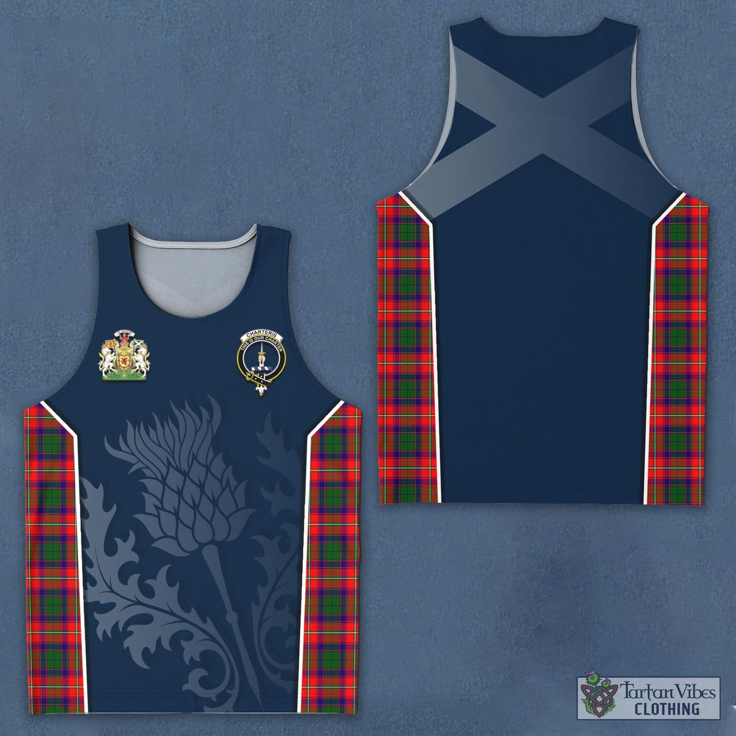 Tartan Vibes Clothing Charteris Tartan Men's Tanks Top with Family Crest and Scottish Thistle Vibes Sport Style