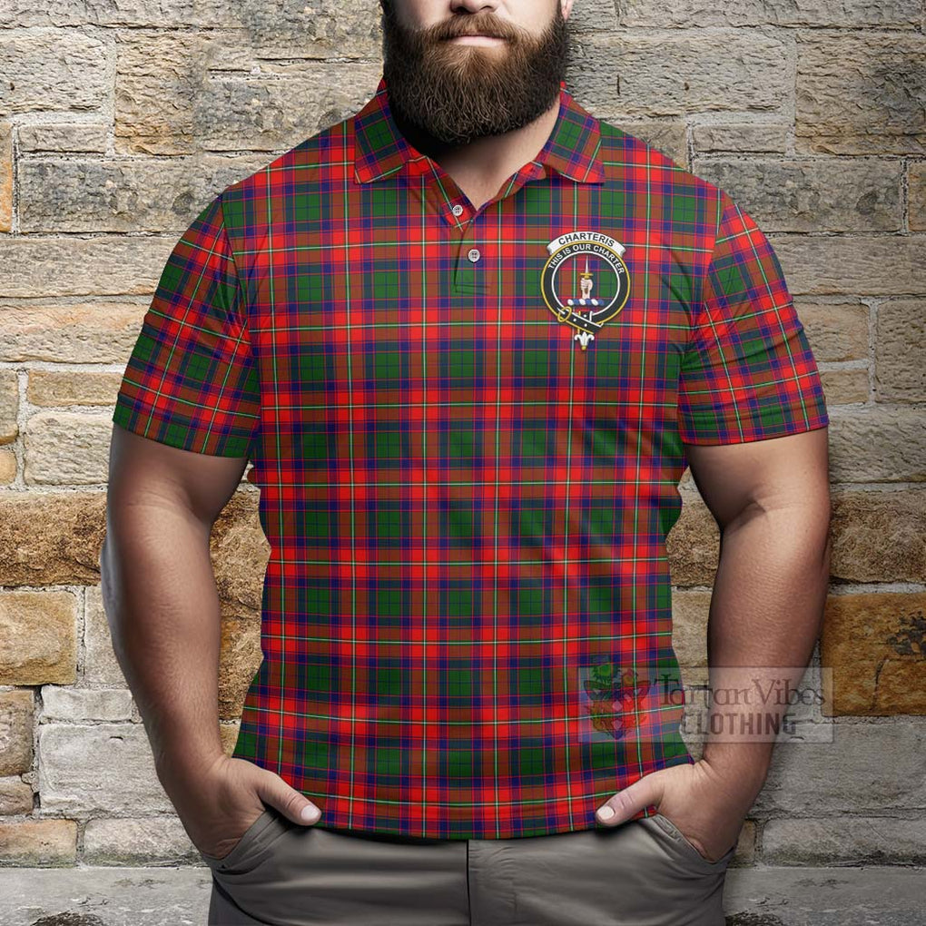 Tartan Vibes Clothing Charteris Tartan Polo Shirt with Family Crest and Bearded Skull Holding Bottles of Whiskey