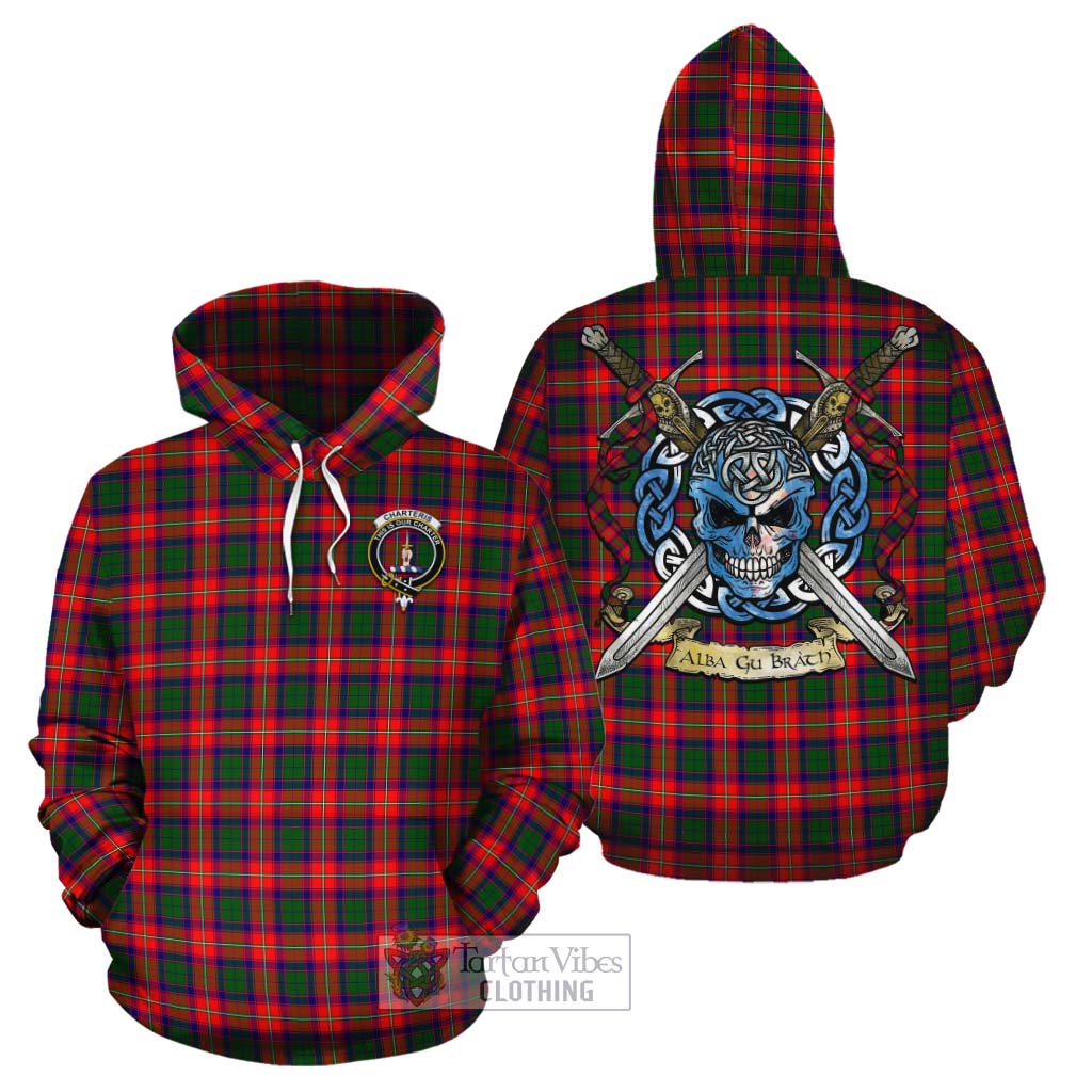 Tartan Vibes Clothing Charteris Tartan Cotton Hoodie with Family Crest Celtic Skull Style