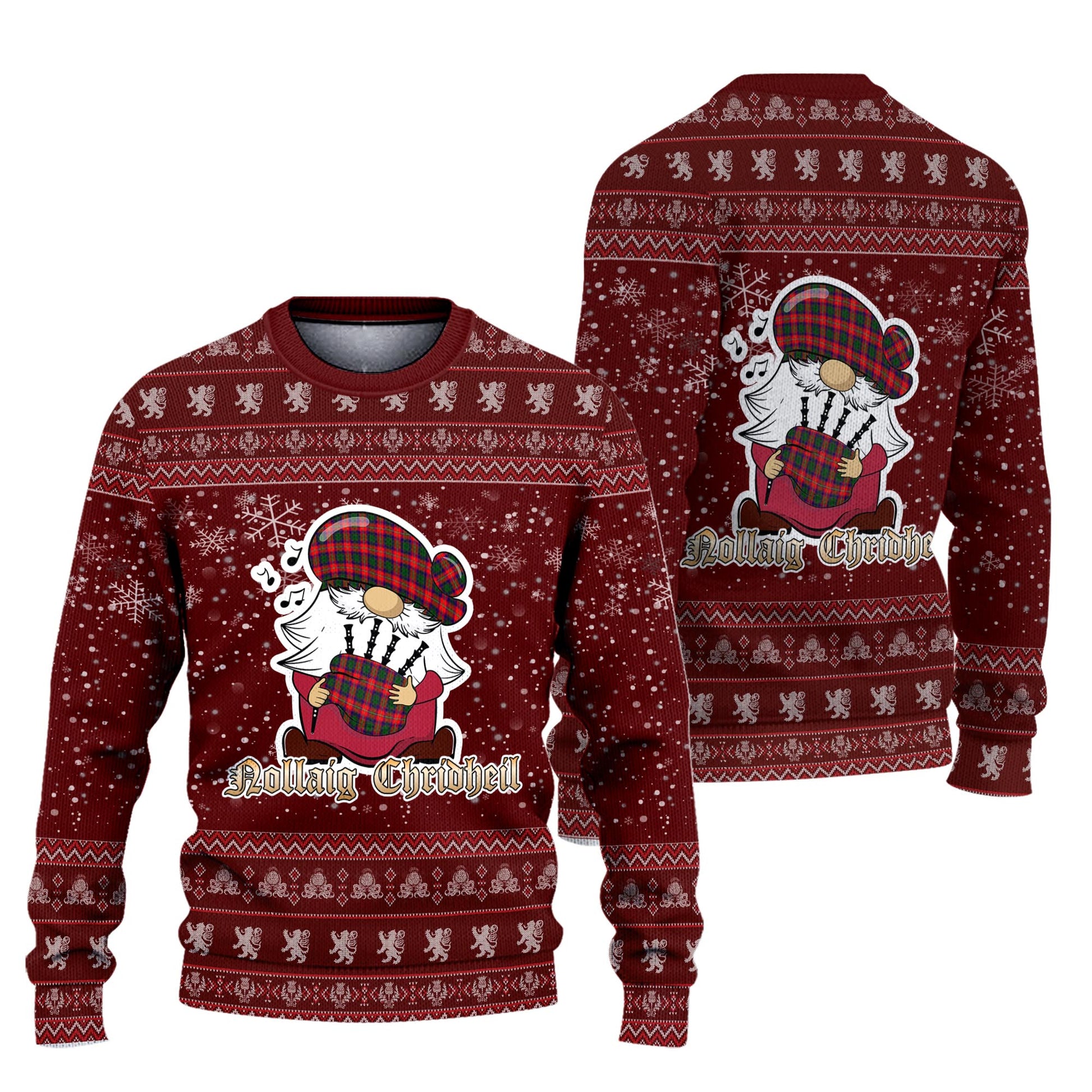 Charteris Clan Christmas Family Knitted Sweater with Funny Gnome Playing Bagpipes Unisex Red - Tartanvibesclothing