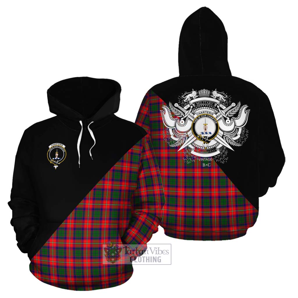 Tartan Vibes Clothing Charteris Tartan Cotton Hoodie with Family Crest and Military Logo Style