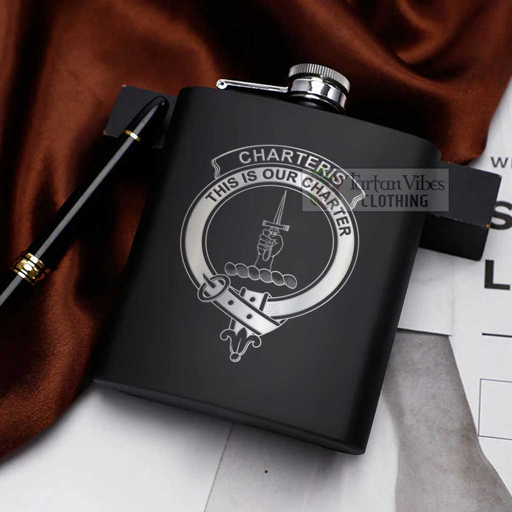 Tartan Vibes Clothing Charteris Crest Hip Flask Set 7oz Black Stainless Steel with A Gift Box