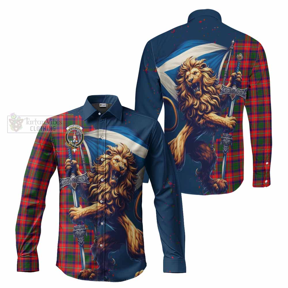 Tartan Vibes Clothing Charteris Tartan Family Crest Long Sleeve Button Shirt with Scottish Majestic Lion