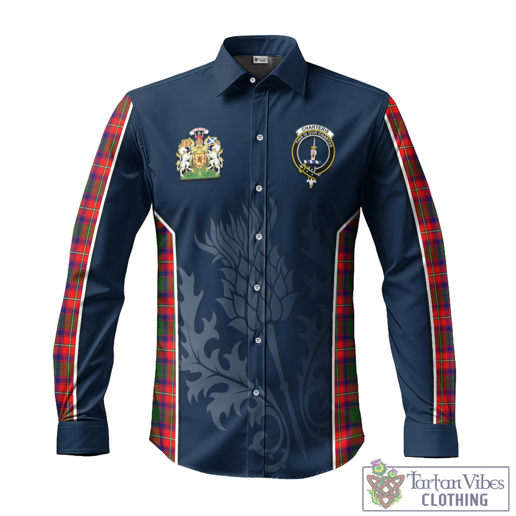 Tartan Vibes Clothing Charteris Tartan Long Sleeve Button Up Shirt with Family Crest and Scottish Thistle Vibes Sport Style