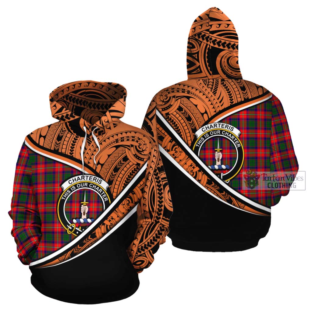 Tartan Vibes Clothing Charteris Crest Tartan Cotton Hoodie with Maori Tattoo Style - Orange Version