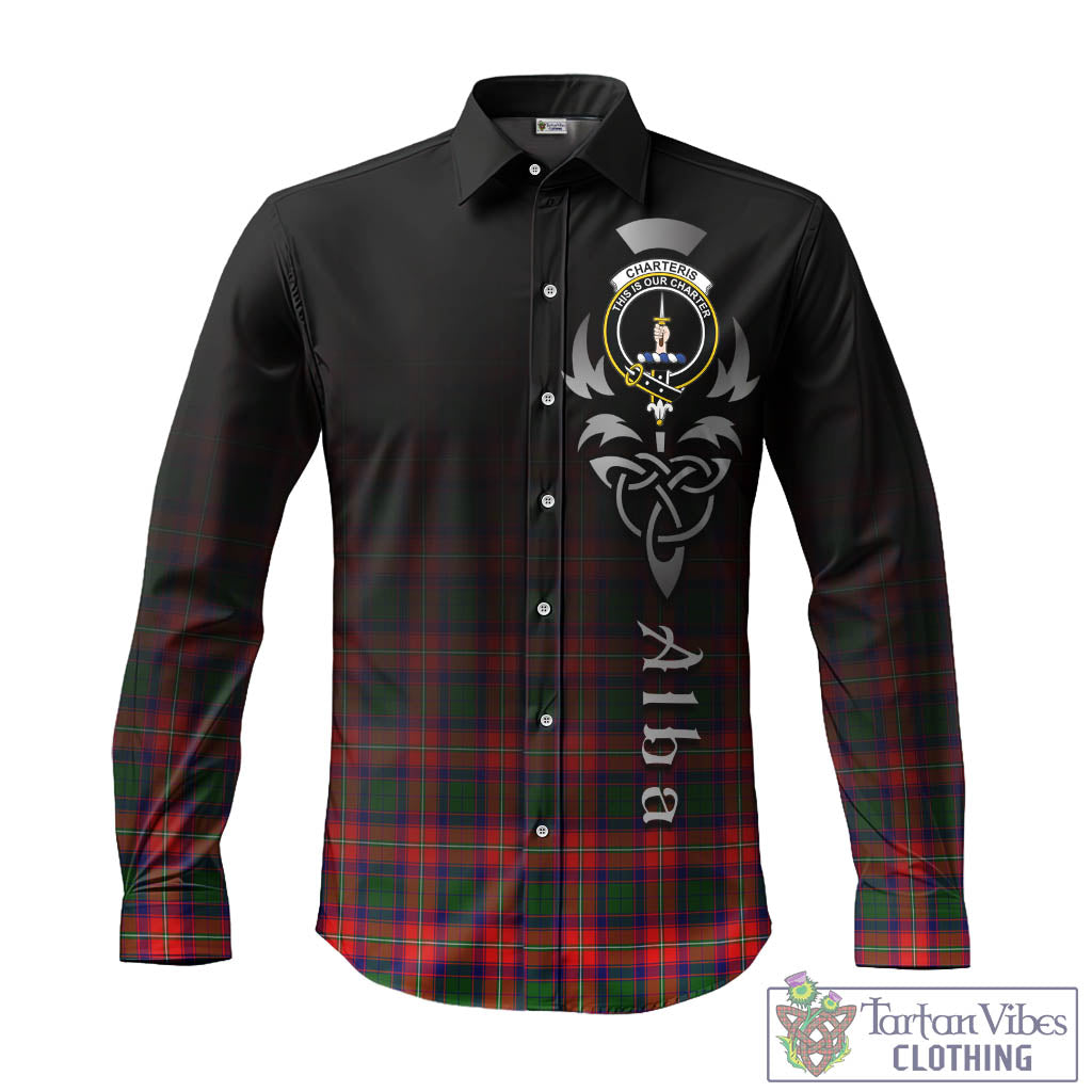 Tartan Vibes Clothing Charteris Tartan Long Sleeve Button Up Featuring Alba Gu Brath Family Crest Celtic Inspired