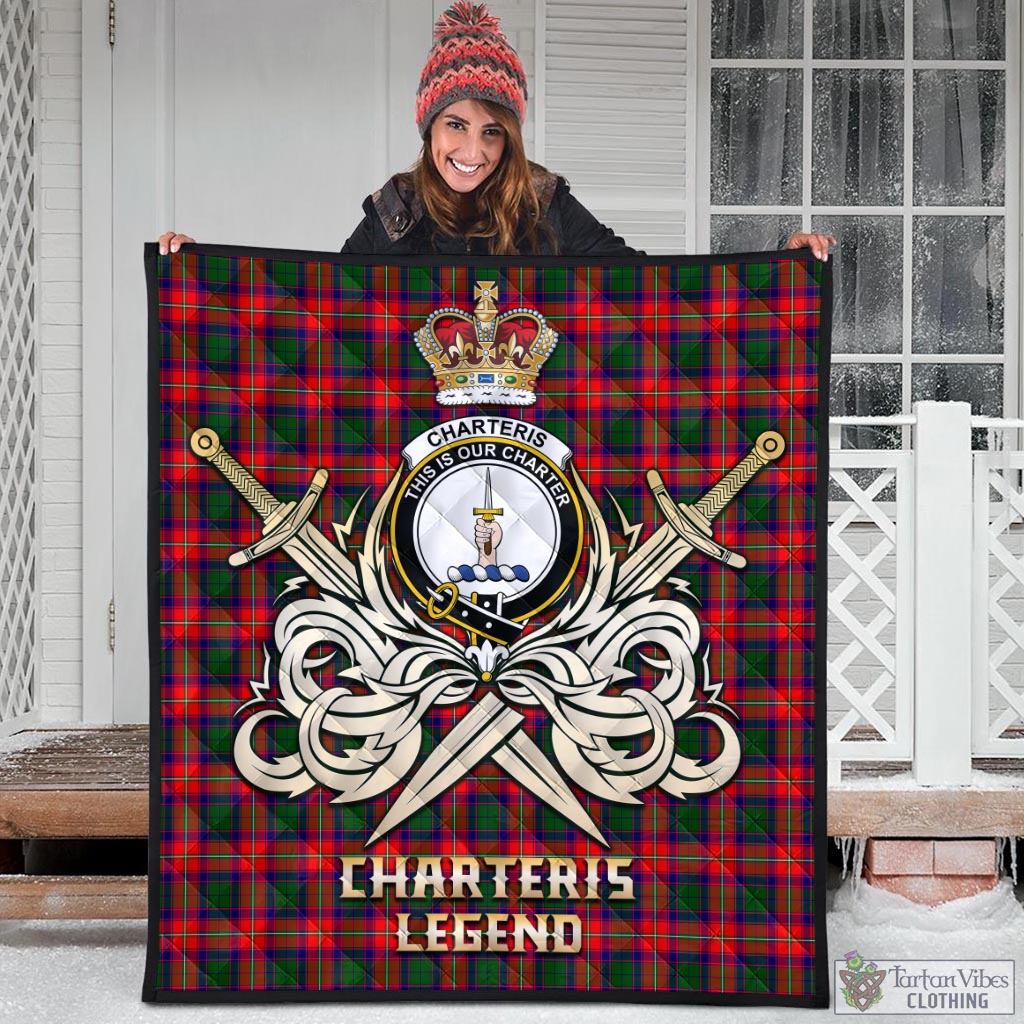Tartan Vibes Clothing Charteris Tartan Quilt with Clan Crest and the Golden Sword of Courageous Legacy