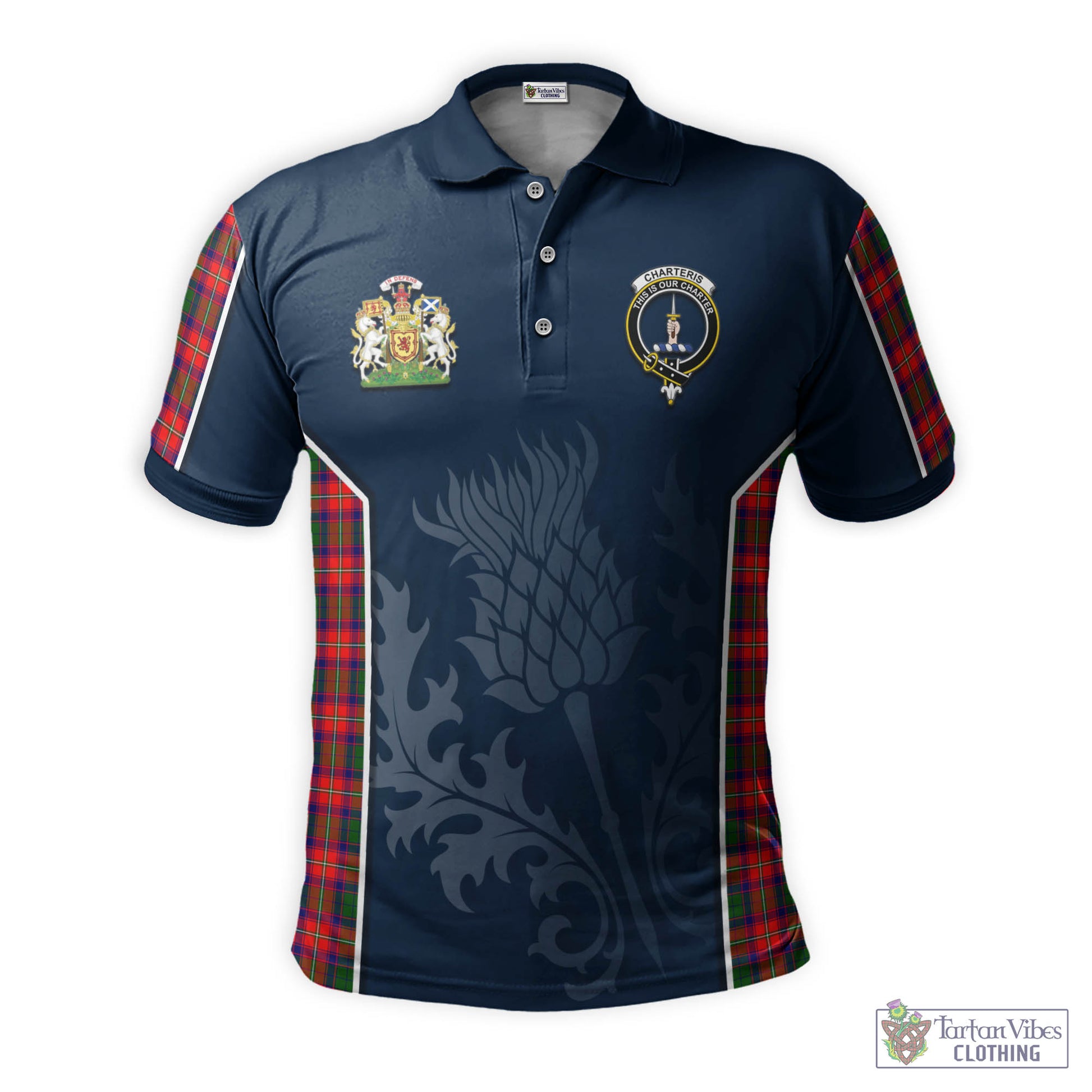 Tartan Vibes Clothing Charteris Tartan Men's Polo Shirt with Family Crest and Scottish Thistle Vibes Sport Style