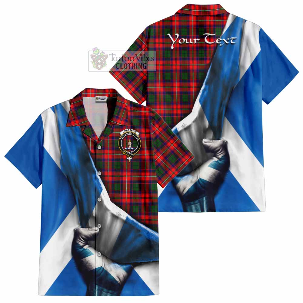 Tartan Vibes Clothing Charteris Tartan Short Sleeve Button Shirt with Family Crest Scotland Patriotic Style