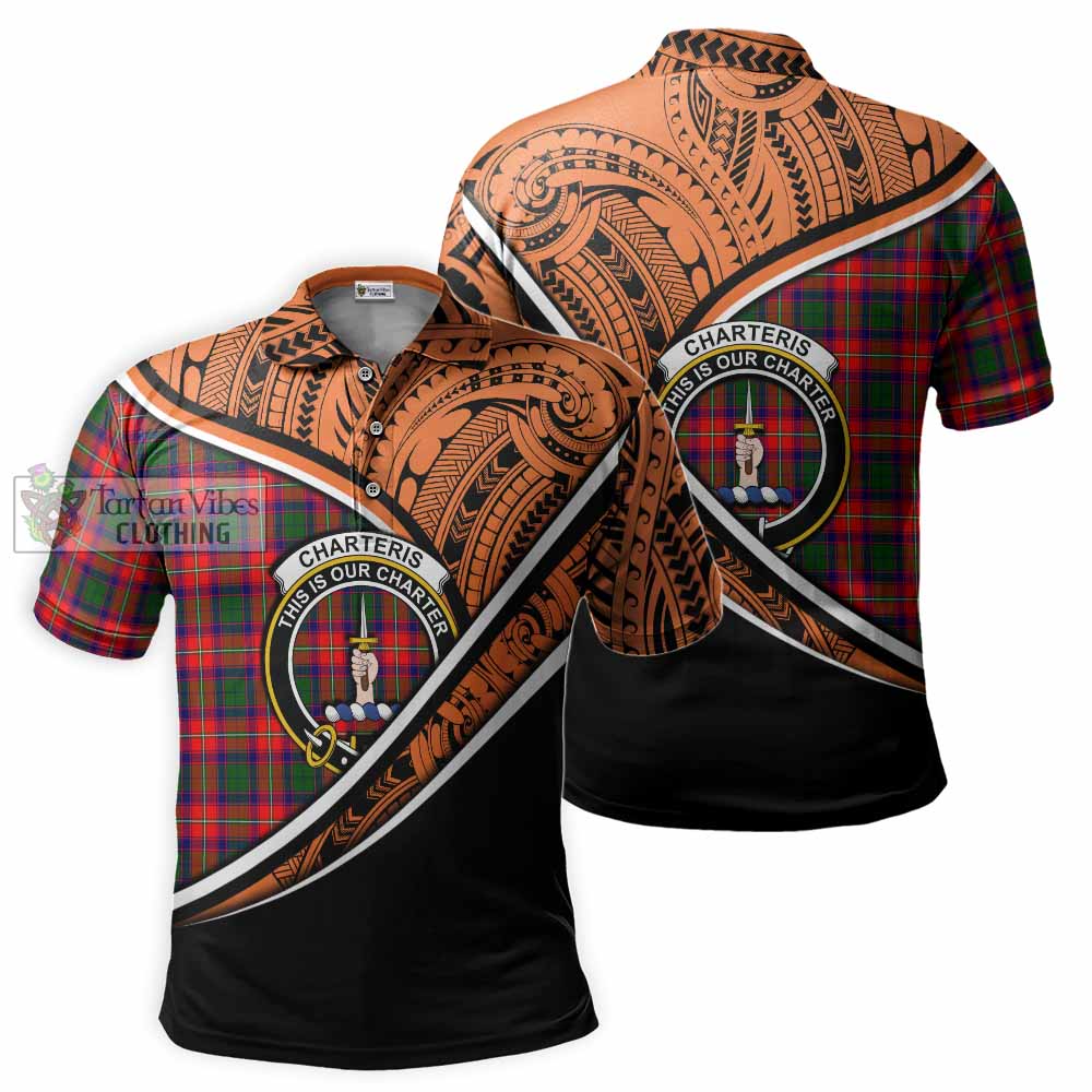 Tartan Vibes Clothing Charteris Crest Tartan Polo Shirt with Maori Tattoo Style - Orange Version