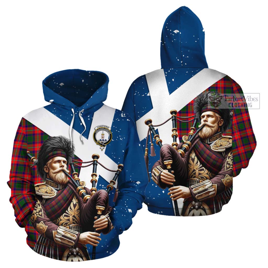 Tartan Vibes Clothing Charteris Tartan Cotton Hoodie with Family Crest Scottish Bagpiper Vibes