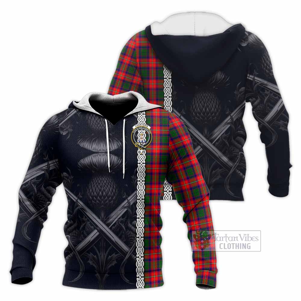 Tartan Vibes Clothing Charteris Tartan Knitted Hoodie with Family Crest Cross Sword Thistle Celtic Vibes