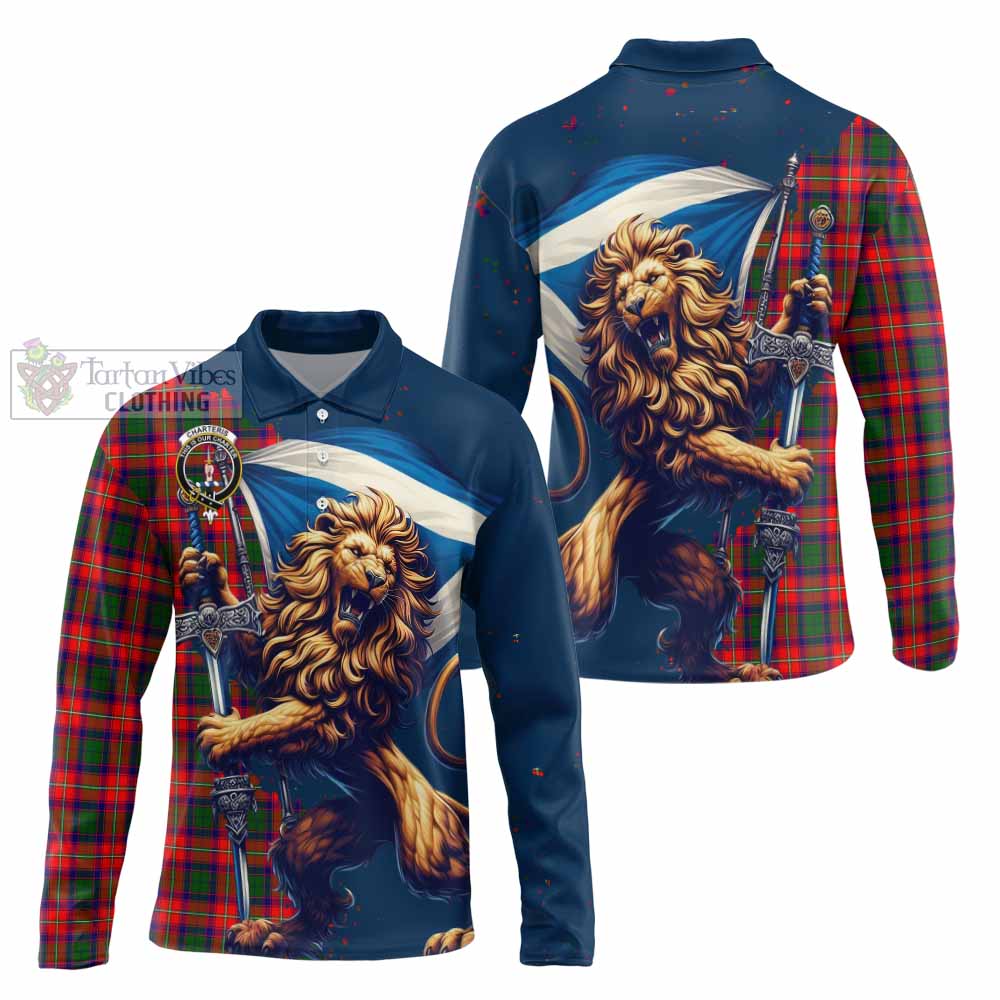 Tartan Vibes Clothing Charteris Tartan Family Crest Long Sleeve Polo Shirt with Scottish Majestic Lion