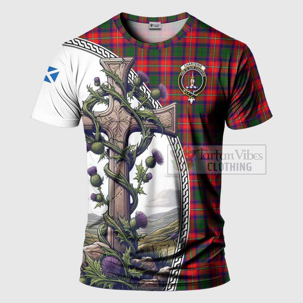 Tartan Vibes Clothing Charteris Agnew Tartan T-Shirt with Family Crest and St. Andrew's Cross Accented by Thistle Vines