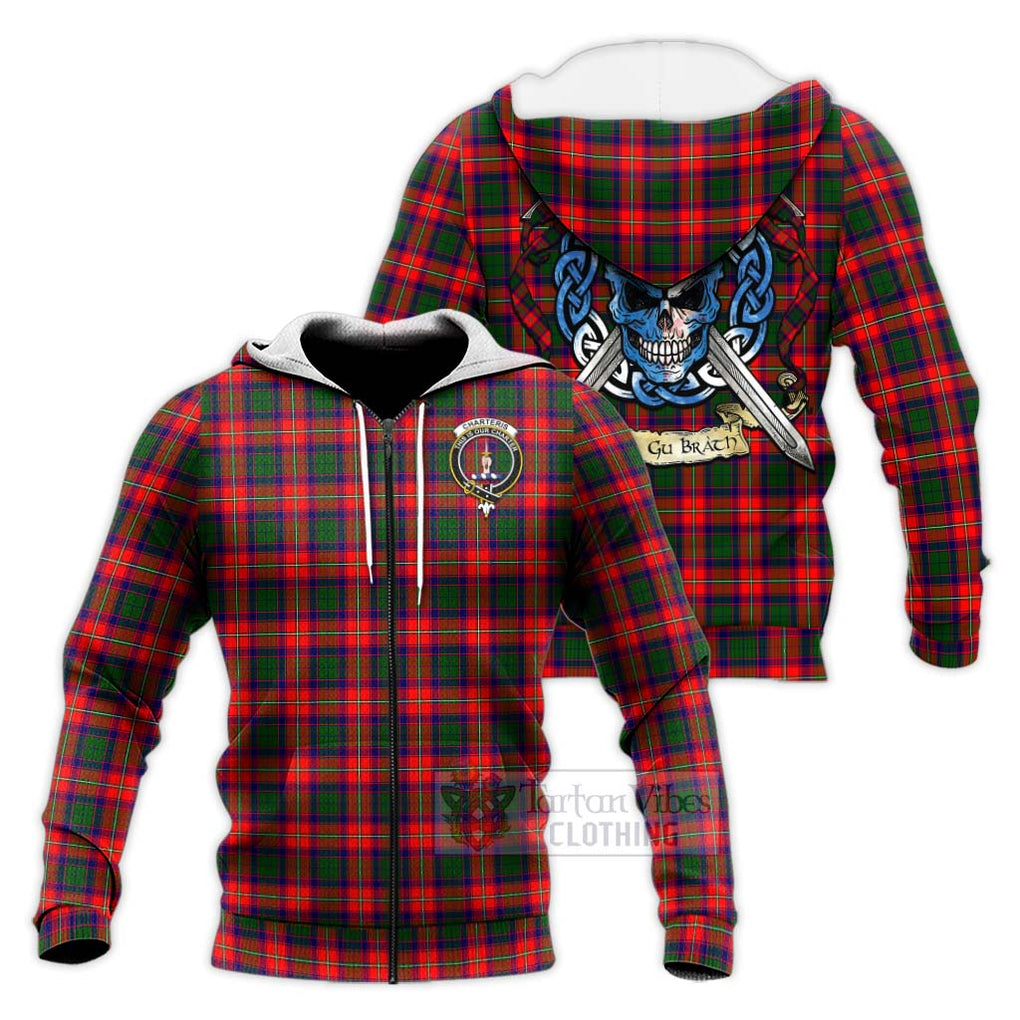 Tartan Vibes Clothing Charteris Tartan Knitted Hoodie with Family Crest Celtic Skull Style