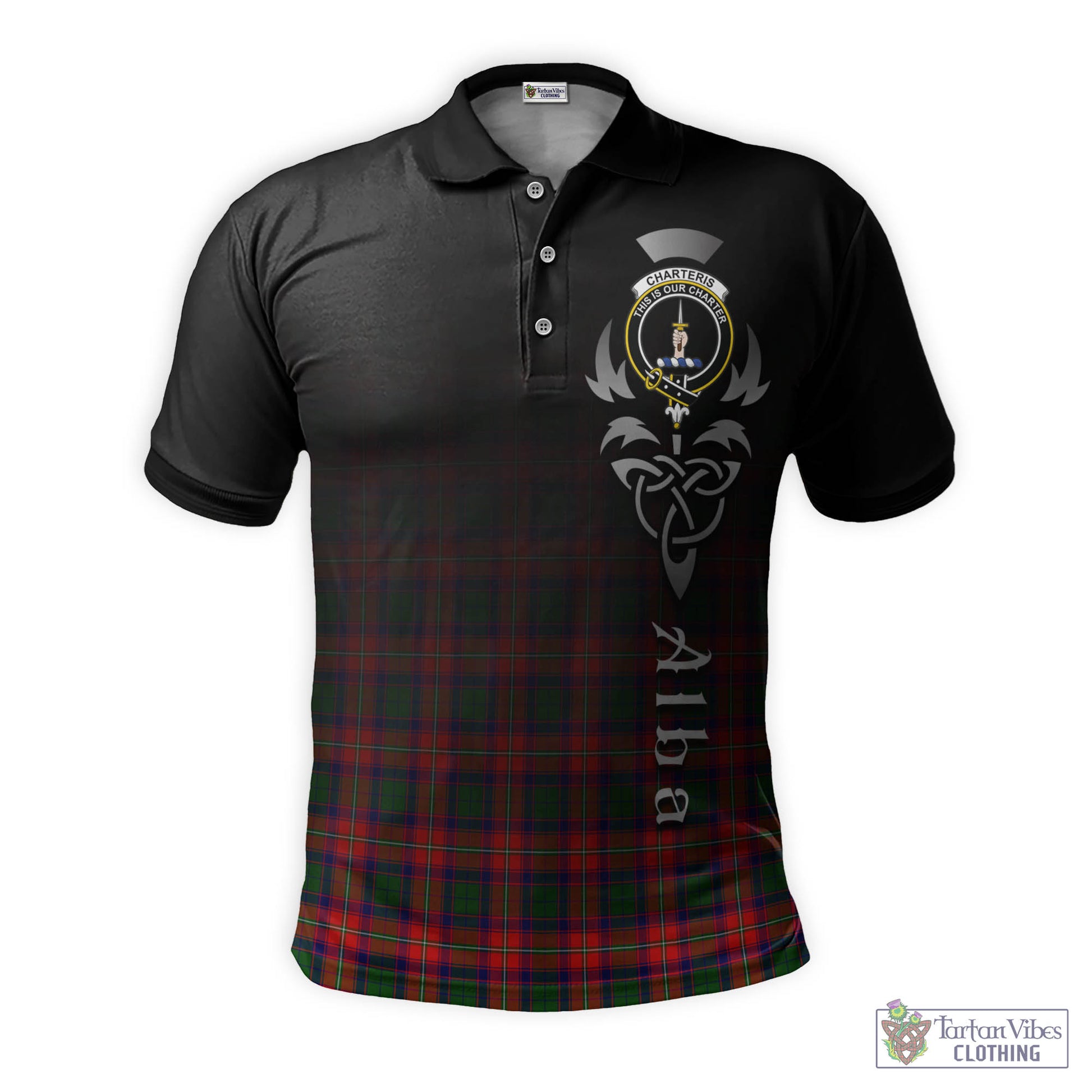Tartan Vibes Clothing Charteris Tartan Polo Shirt Featuring Alba Gu Brath Family Crest Celtic Inspired