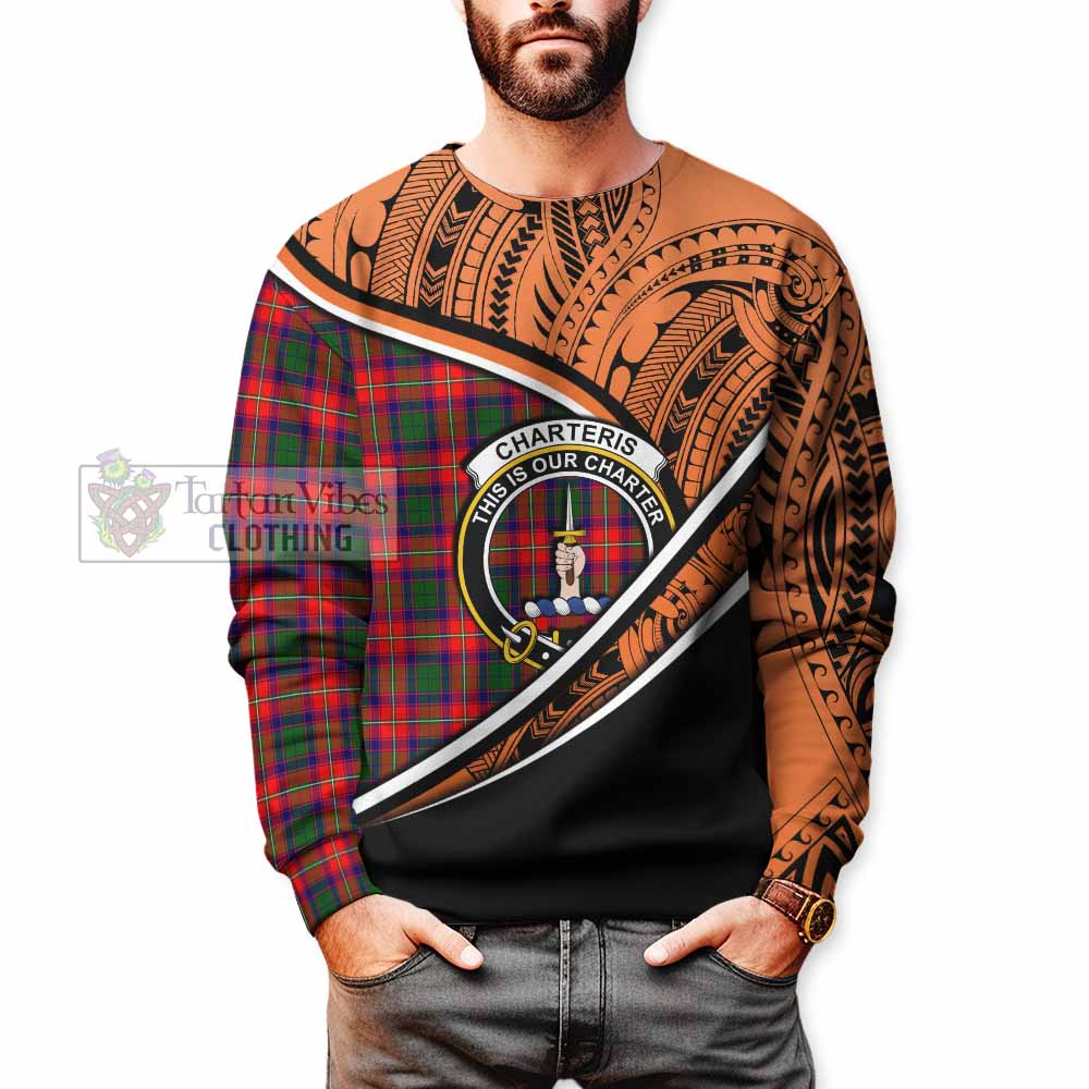 Tartan Vibes Clothing Charteris Crest Tartan Sweatshirt with Maori Tattoo Style - Orange Version