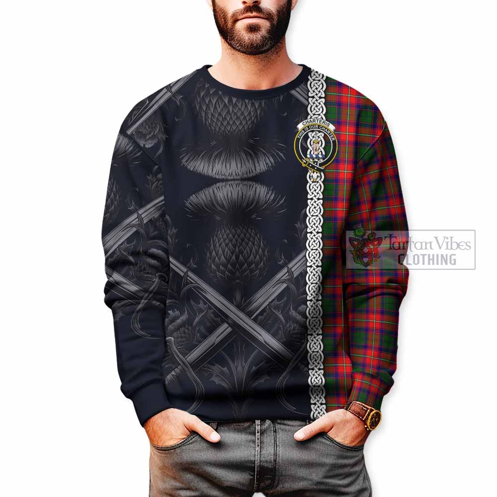 Tartan Vibes Clothing Charteris Tartan Sweatshirt with Family Crest Cross Sword Thistle Celtic Vibes