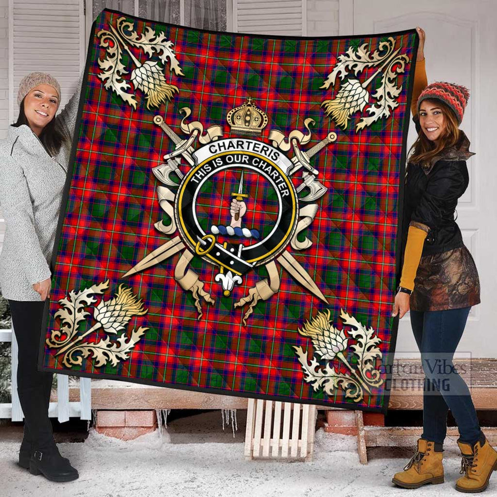 Tartan Vibes Clothing Charteris Tartan Quilt with Family Crest and Scottish Golden Courage Shield