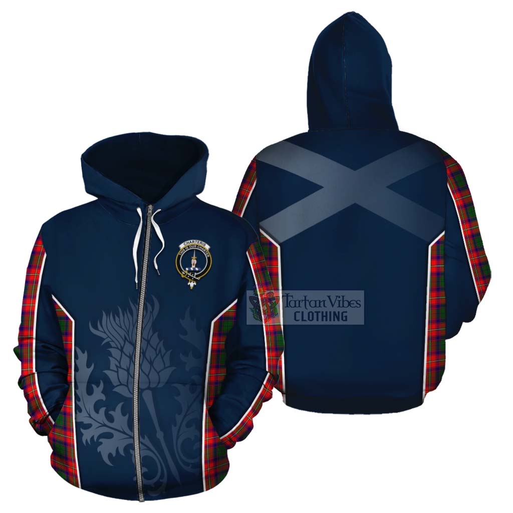 Tartan Vibes Clothing Charteris Tartan Cotton Hoodie with Family Crest and Scottish Thistle Vibes Sport Style