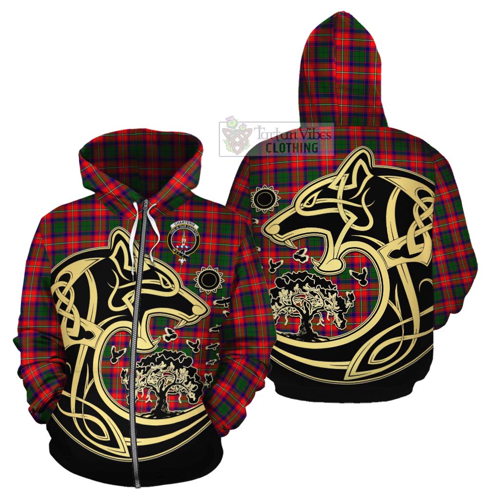 Tartan Vibes Clothing Charteris Tartan Cotton Hoodie with Family Crest Celtic Wolf Style