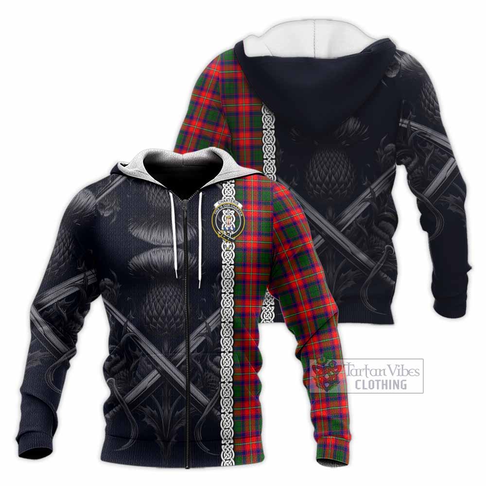 Tartan Vibes Clothing Charteris Tartan Knitted Hoodie with Family Crest Cross Sword Thistle Celtic Vibes