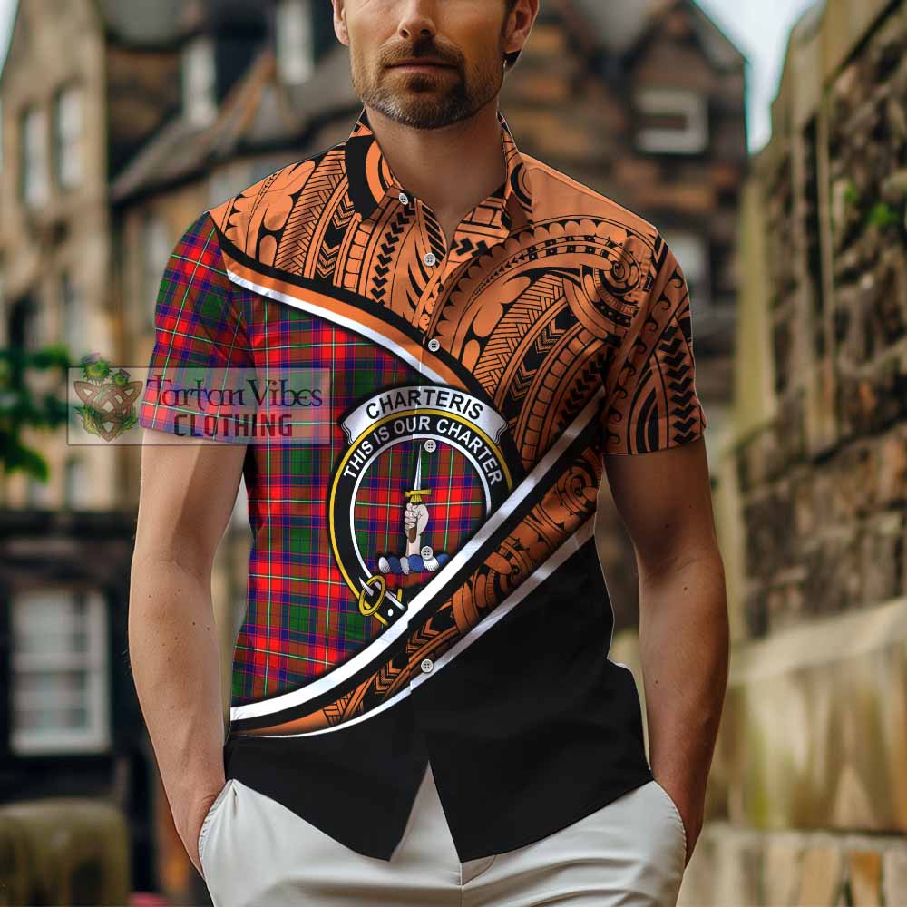 Tartan Vibes Clothing Charteris Crest Tartan Short Sleeve Button Shirt with Maori Tattoo Style - Orange Version