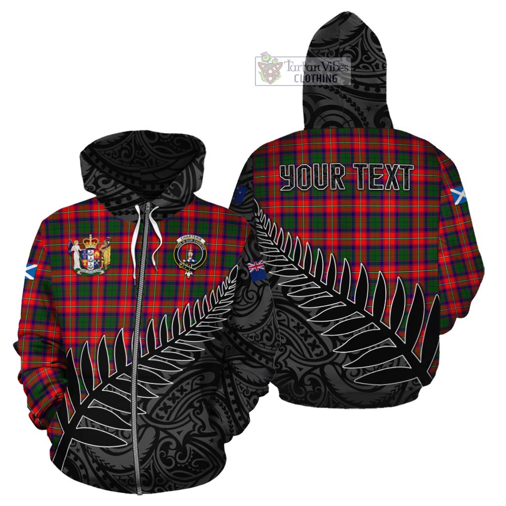 Tartan Vibes Clothing Charteris Crest Tartan Cotton Hoodie with New Zealand Silver Fern Half Style