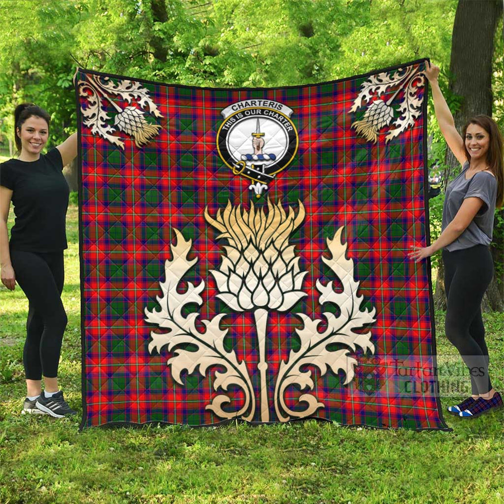 Tartan Vibes Clothing Charteris Tartan Quilt with Family Crest and Golden Thistle Style