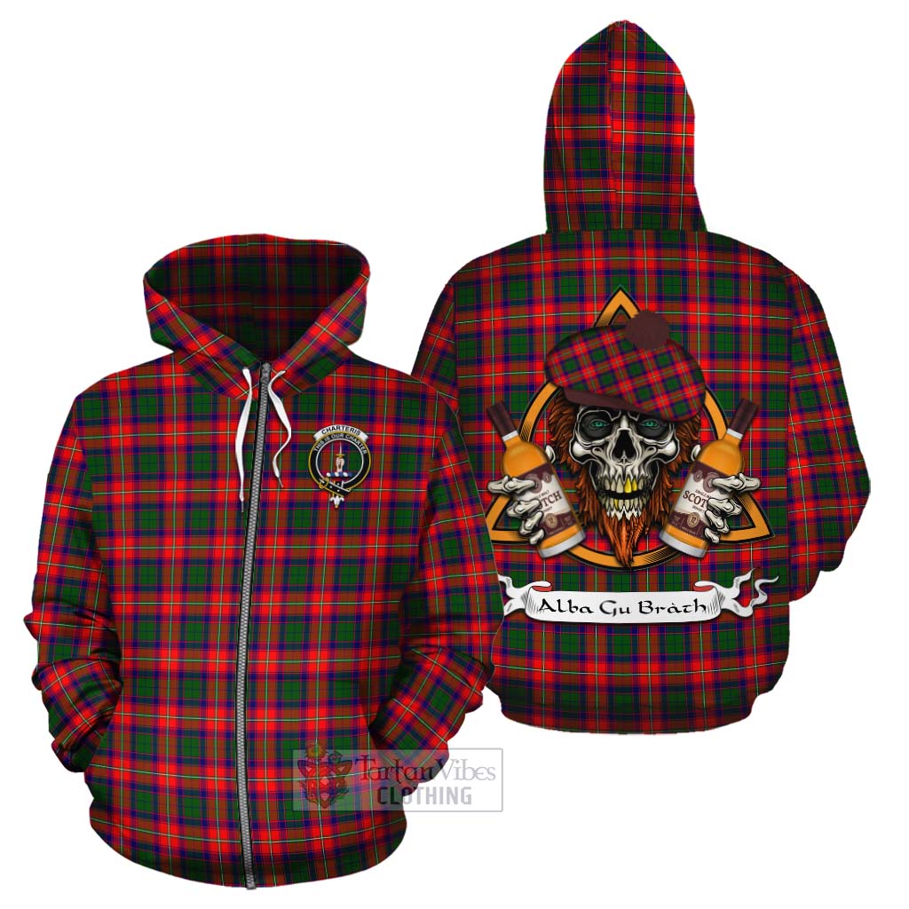 Tartan Vibes Clothing Charteris Tartan Cotton Hoodie with Family Crest and Bearded Skull Holding Bottles of Whiskey