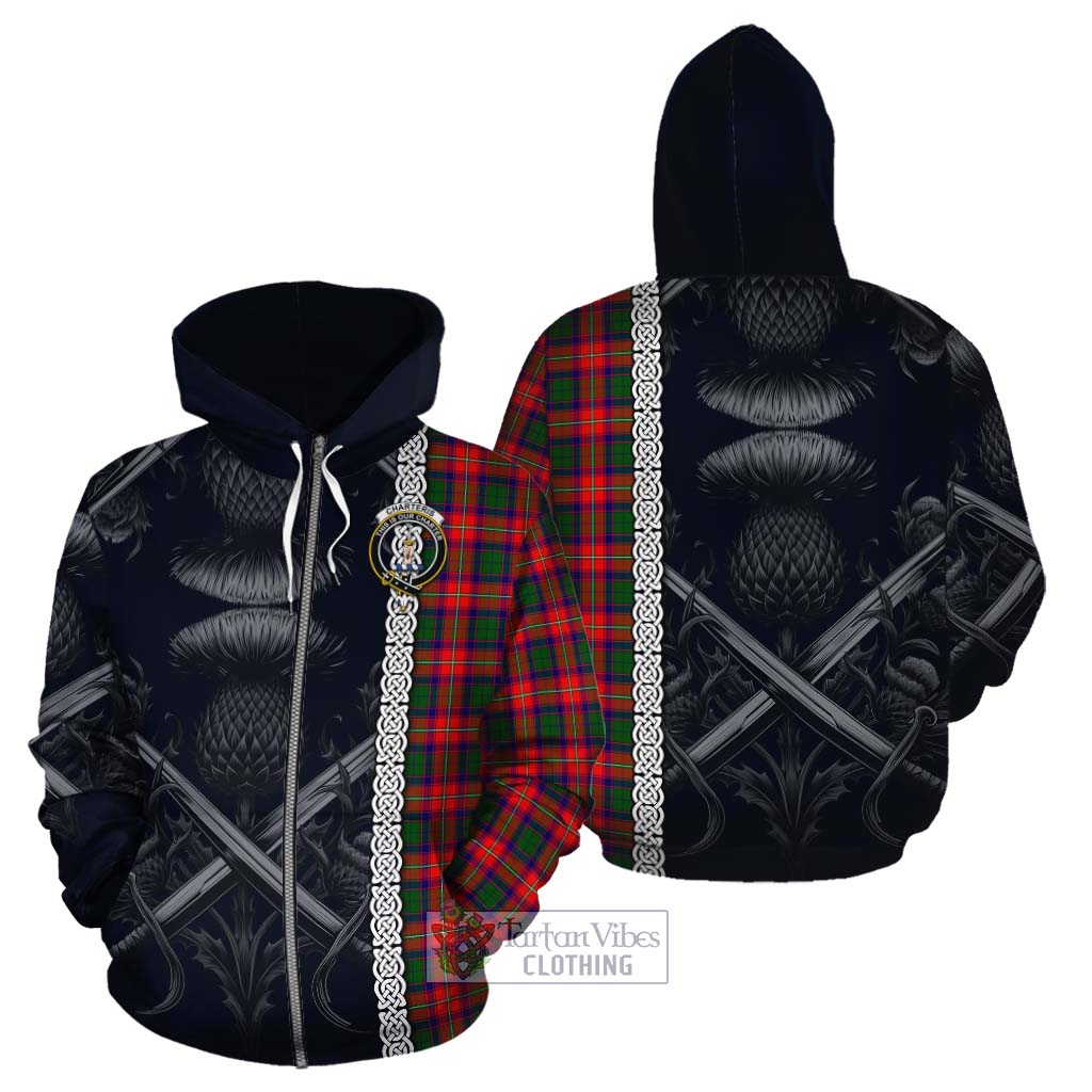 Tartan Vibes Clothing Charteris Tartan Cotton Hoodie with Family Crest Cross Sword Thistle Celtic Vibes