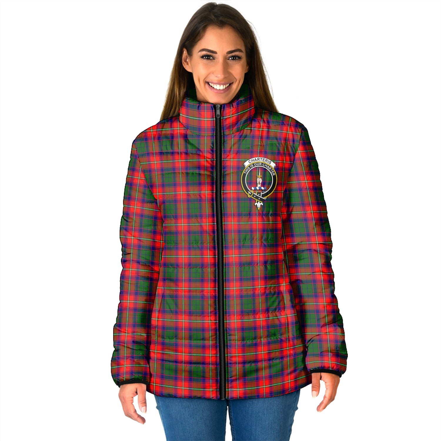 Charteris Tartan Padded Jacket with Family Crest - Tartanvibesclothing