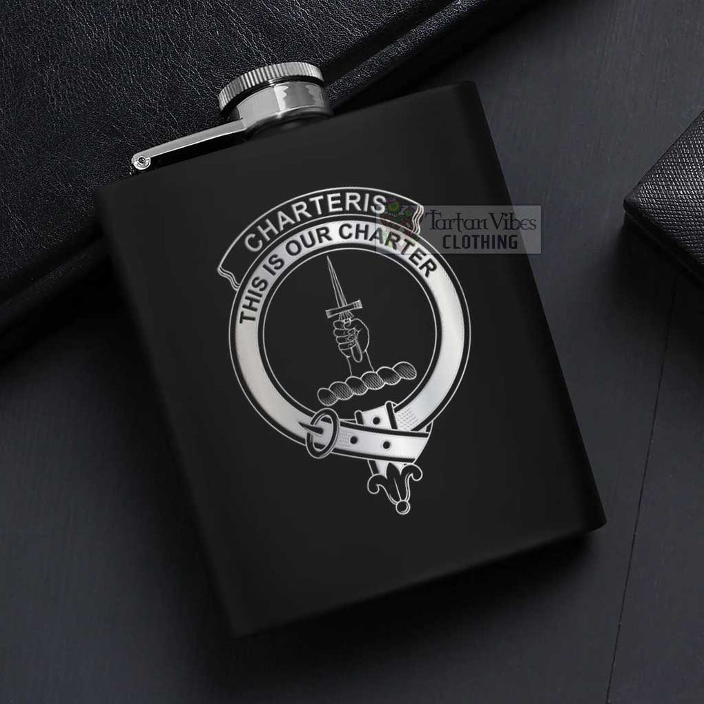 Tartan Vibes Clothing Charteris Crest Hip Flask Set 7oz Black Stainless Steel with A Gift Box